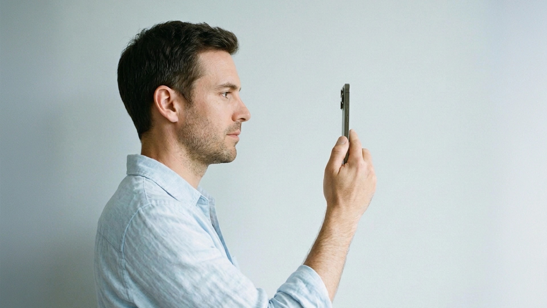 A man in profile, in a light blue shirt, holds a phone at eye level and looks into its camera while taking the lie detection test on his own phone