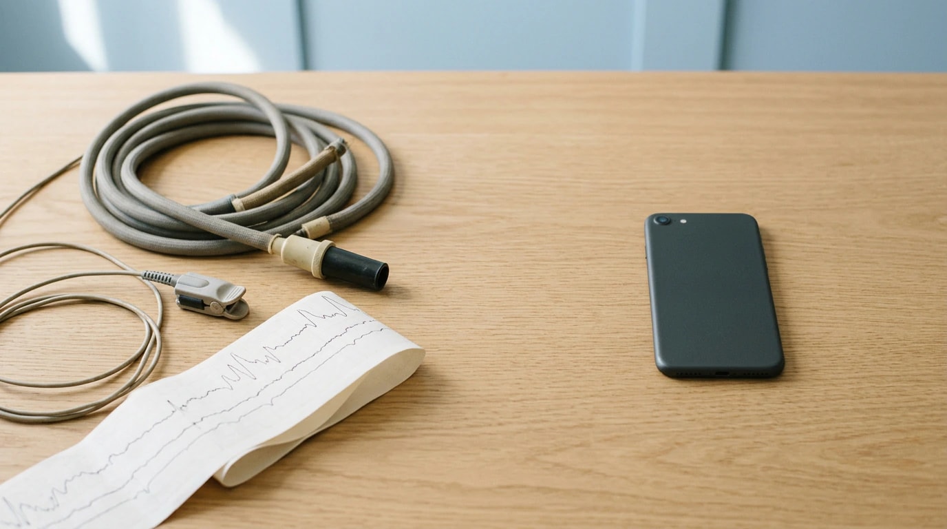 The cables and paper chart of a polygraph on a desk, next to a phone