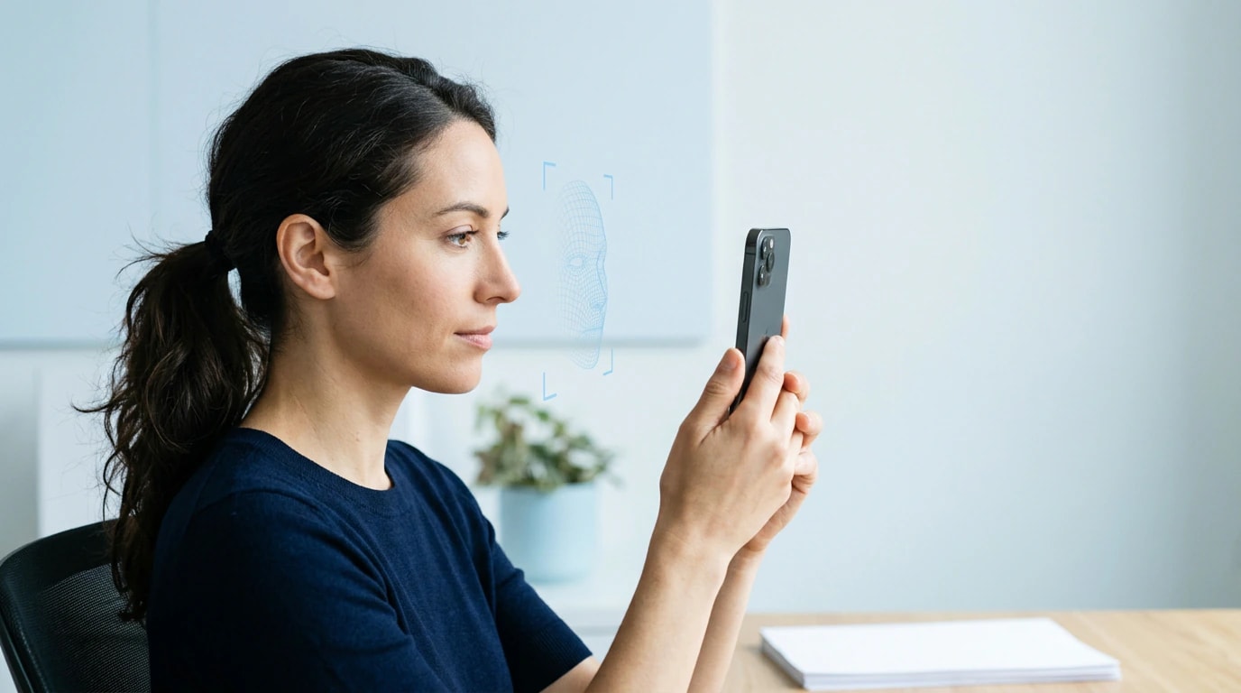 A woman holds a phone in front of her face, in position for the lie detection test