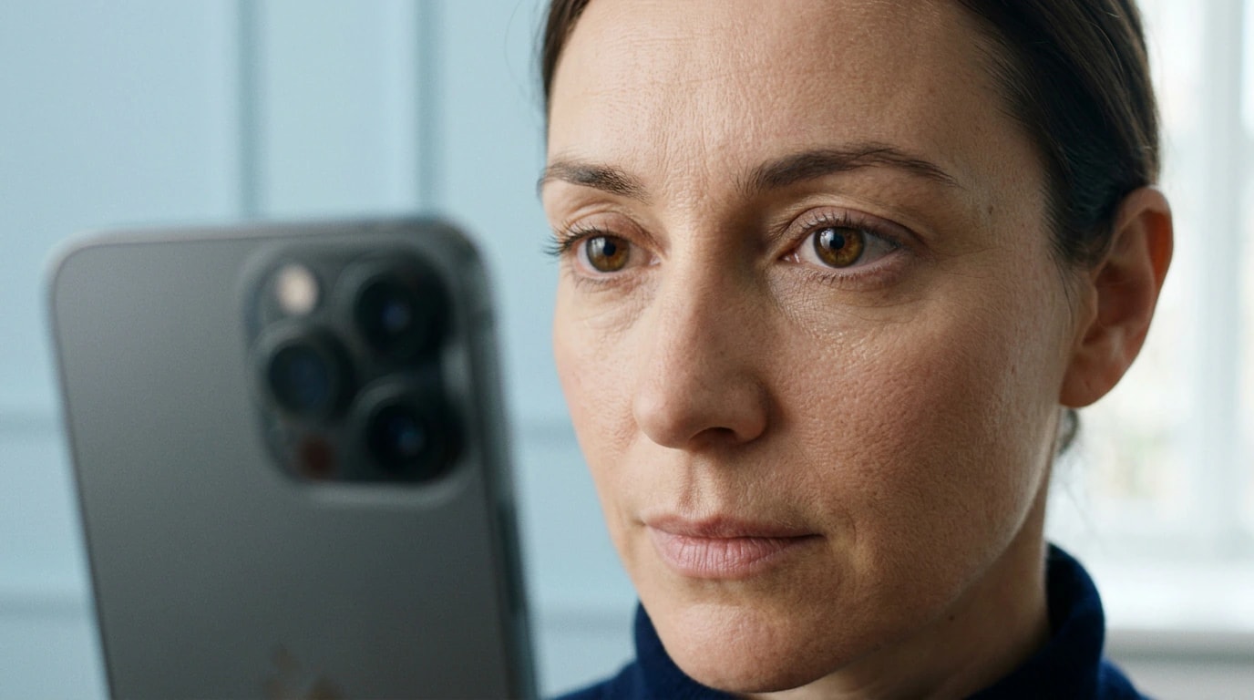 Close-up of a woman looking toward a phone camera during a lie detection test